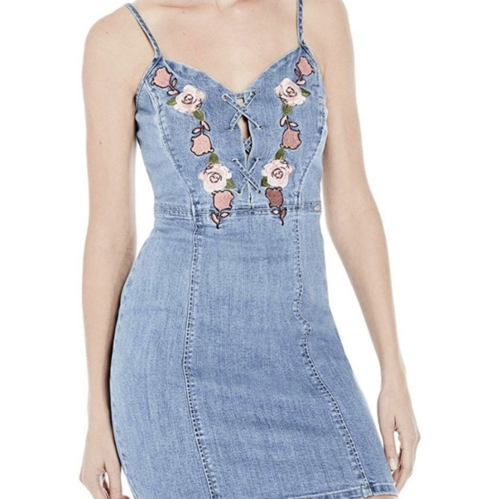 Guess Denim Floral Embroidery Mini Dress